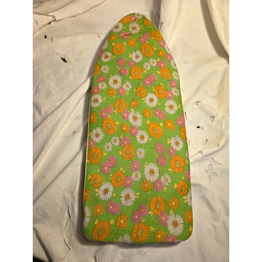 Tabletop Ironing Board Cover Green Floral Rayon, Orange White Pink, 1960s or 70s